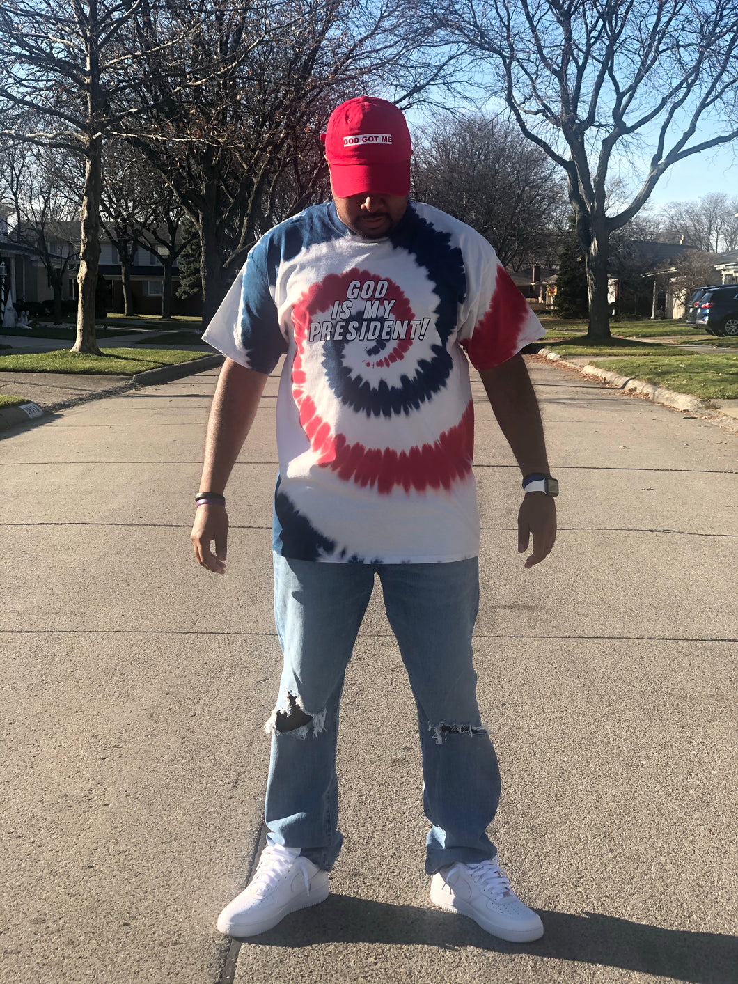 Exclusive “God Is My President” Shirt (Red, White, and Blue Tie Dye)